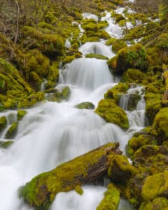 Water spilling through a steep creek bed creating multiple small waterfalls.